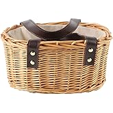 Wicker Picnic Basket with Double Leather Handles, Natural Willow Hamper for Easter Eggs Candy Wine Toy Flower Wedding Gifts