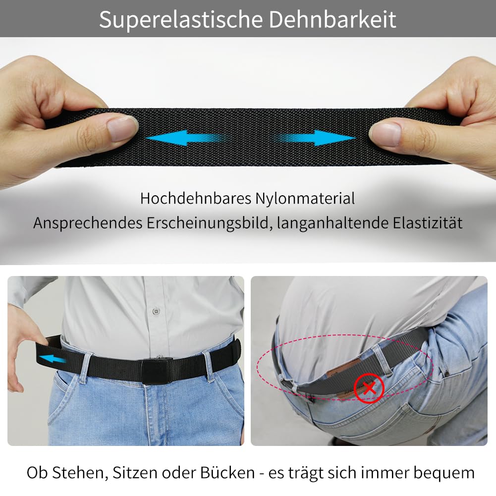 LionVII Elastische Gürtel für Herren, 2 Farben in 1 Gürtelband für Arbeit Outdoor Wandern,130 cm Stretchgürtel mit Kunststoffschnalle (Schwarz und Grau) 4