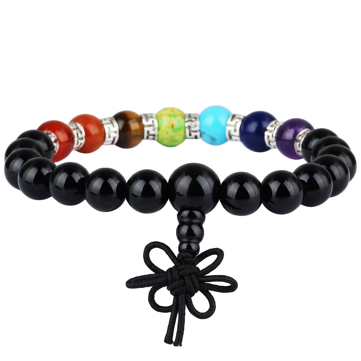 KYEYGWO Mala Prayer Beads Bracelet for Woman, 7 Chakras Crystal Stone Round Beads Stretch Bracelets, Black Agate