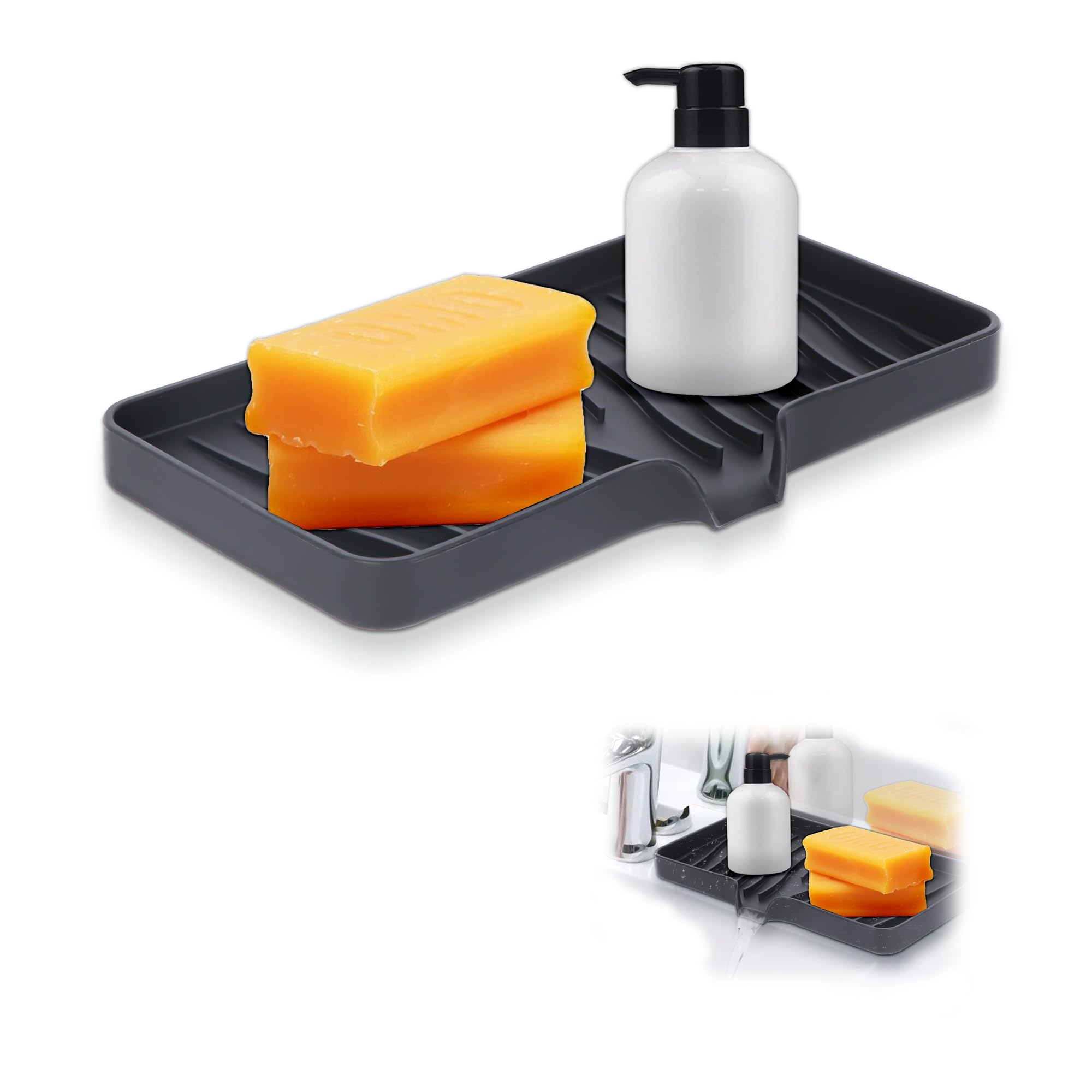 NiCoLa Silicone Sink Trays, 1pcs Black Silicone Sink Tray Draining Mat, Long Kitchen Soap Tray Organiser for Bathroom Kitchen Worktop