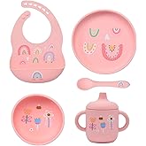 Imagination Junction silicone baby feeding set, Baby Led Weaning Supplies，Cutlery Feeding Supplies, Baby Utensils Feeding Essentials for Starting Solids，5 Piece Set (pink)