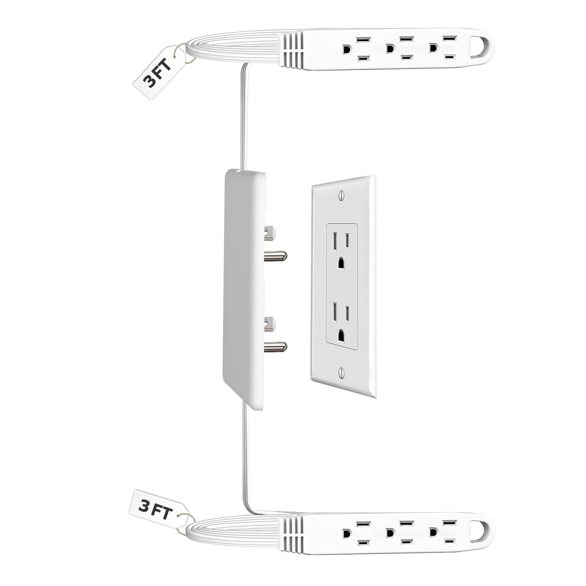 CABOCASA Dual 3FT Ultra-Thin Outlet Concealer, Universal Size Outlet Cover 3 FT Twin Extension Cord with 3 Outlets Each Side, Ideal for Home Appliances on Opposite Sides of a Wall Outlet