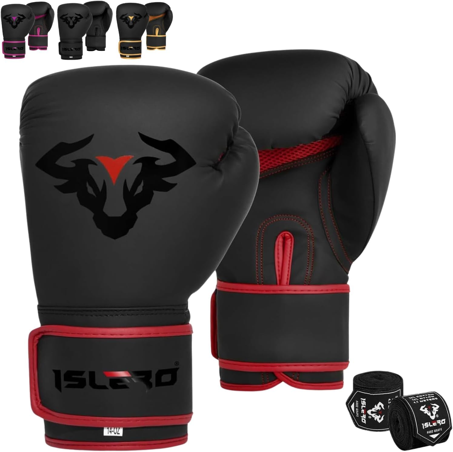 Islero EVO Fitness Matte Black Boxing Gloves Men Punch Bag Women Pink MMA Muay Thai Martial Arts Kick Boxing Sparring Training Fighting Gloves With Hand Wraps (16 OZ, Red)