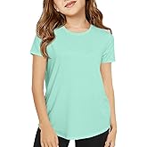 Haloumoning Girls Short Sleeve T Shirts Kids Summer Crewneck Tops Curved Hem Tees 5-14 Years