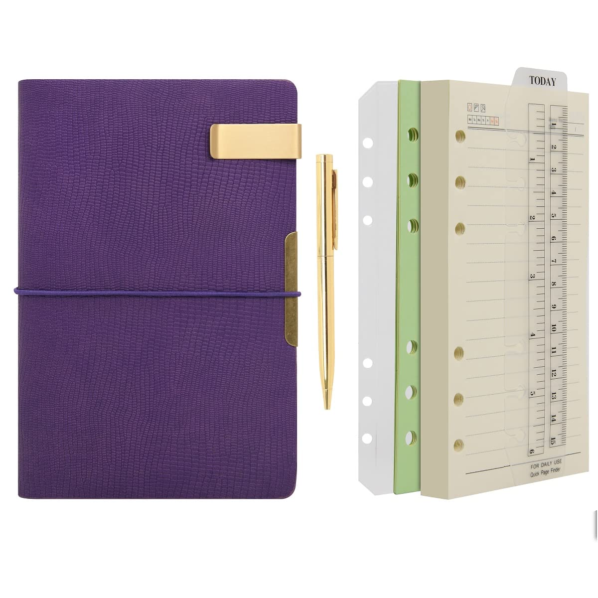 WONDERPOOL A6 Leather Diary Lined Paper Notebook & Pen - Refillable 6 Ring Binder Writing Spiral Journal for Office Travel Work and Plan Agenda (b-Purple, A6)