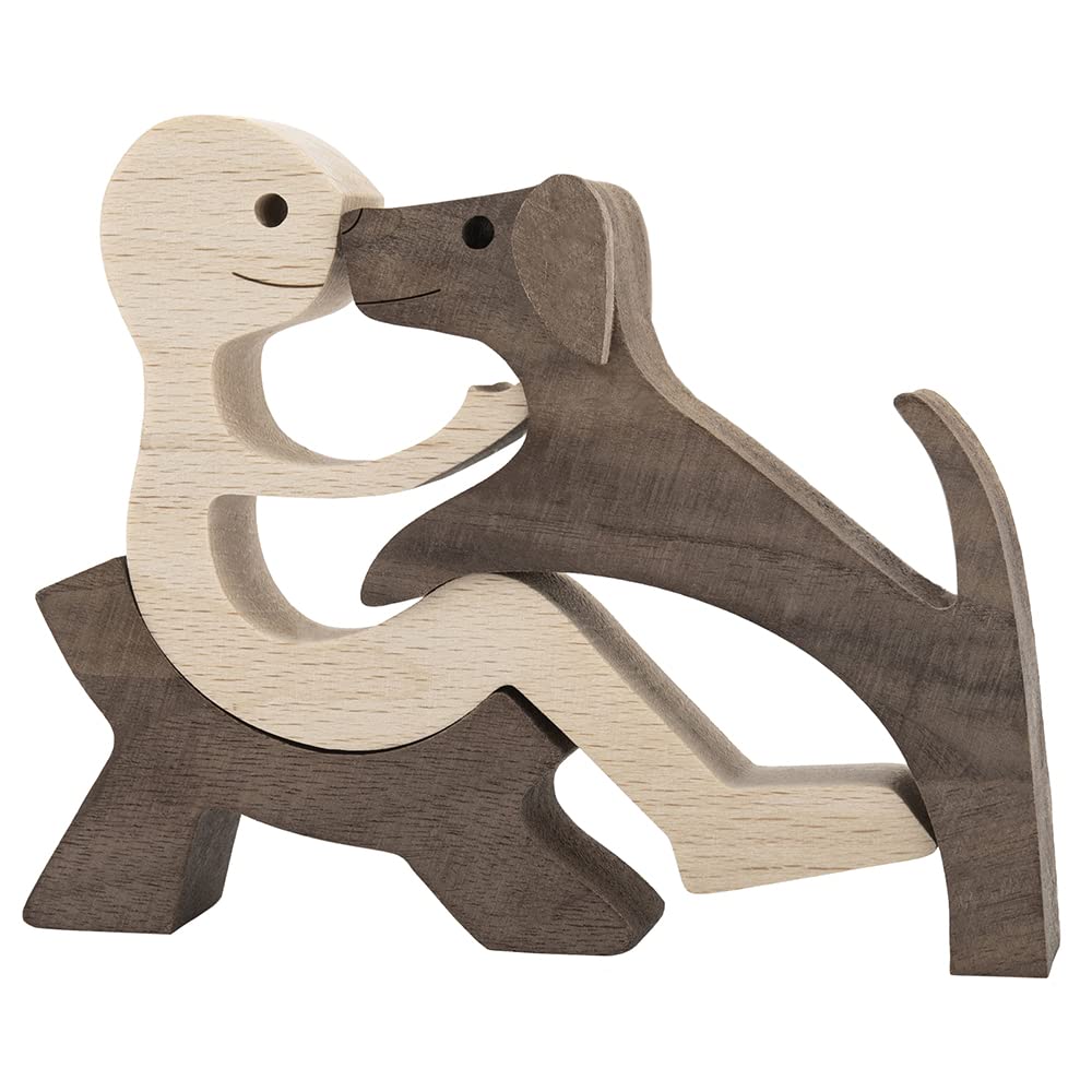 BOBO BIRD Wooden Dog Cat Family Statue, Handmade Wood Decoration Cute Puppy Kitty and People Statue Sculpture Ornament Collectible Figurine Craft Arts for Home Office Living Room (Men+Dog(S))