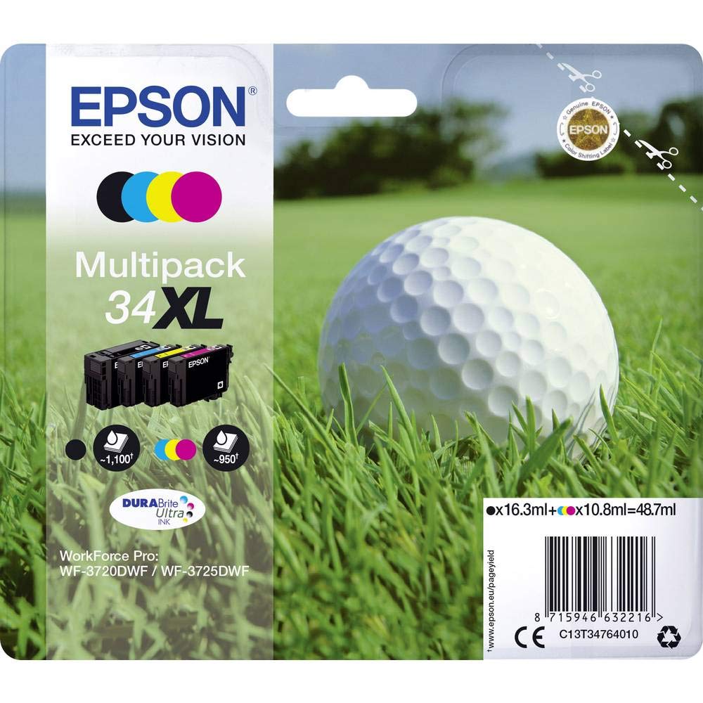 Epson 34XL Golfball Genuine High Yield Multipack, 4-colours DURABrite Ultra Ink Cartridges, Black/Yellow/Magenta/Cyan, XL High Capacity