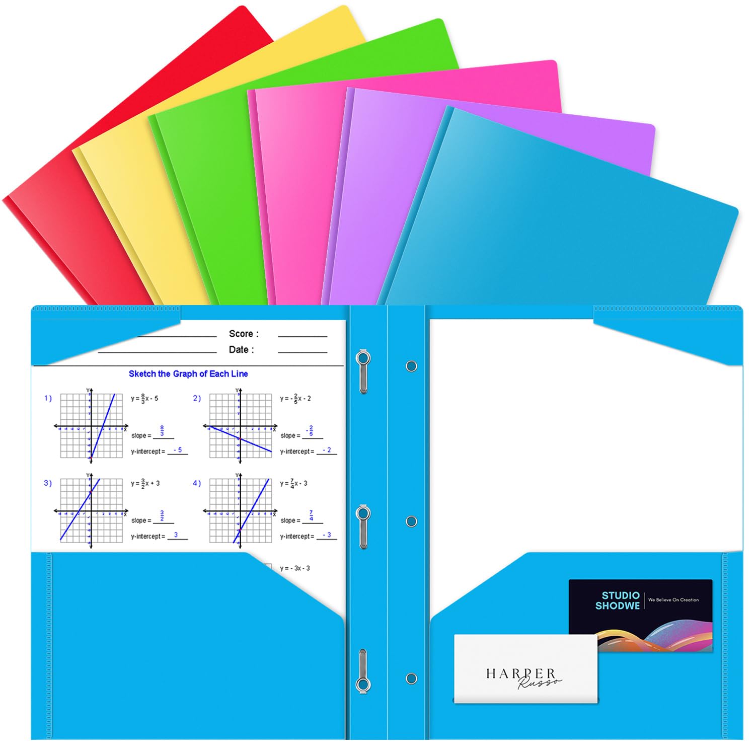 OTCRAFT 6 Pack A4 Pocket Plastic Folder 2 Pockets and 3 Prongs 2 Card Slots, Durable, Tear-Resistant Heavy Duty Pocket Folders with Prongs, Colored Prong Folders for Schoolwork & Officer(Colors)