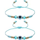 MECCANIXITY Sky Blue Evil Eye Bracelets for Women Men Family 2 Pcs Adjustable String Good Luck Protection Handmade Eye Bracelet Blessing Jewelry