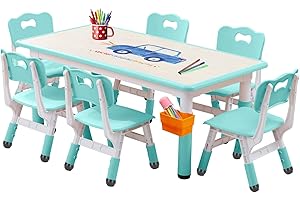 HAPPYMATY Kids table and chairs, Toddler table and chairs, Kids table (6 chairs), Kids table and chair set, Kids table and chair set 5-8 year old. Toddler table and chair set with 24 leg covers +12 color pens