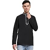 SKAVIJ Mens Cotton Henley Shirts Casual Band Collar Kurta Long Sleeve Embroidered Top T-Shirt