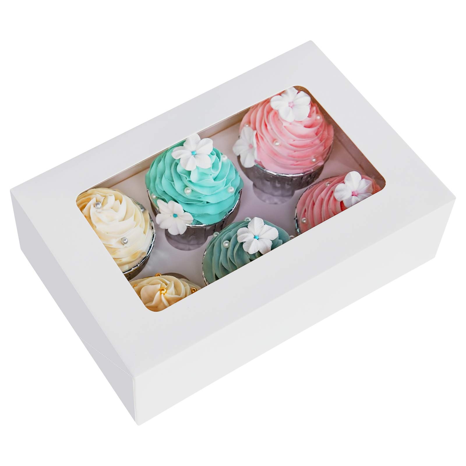 ONE MORE Cupcake Boxes with Inserts Hold 6 Standard Cupcakes, Brown Bakery Boxes, Cupcake Carrier, Cupcake Holder, Food Grade White Cupcake Container for Muffins (White, 15)