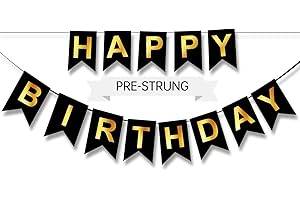 ZGIMI Happy Birthday Banner,Pre-Strung Black and Gold Party Decorations，16ft Pre-Strung Hanging Sign for Kids, Girls, Boys, Women – No DIY, Backdrop Supplies