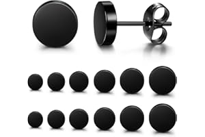 FIBO STEEL Black Stud Earrings for Men Women Stainless Steel Mens Earrings Hypoallergenic Round CZ Square Black Earring Studs Set 6 Pairs 3mm-8mm