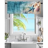 Coastal Ocean Valance Curtain for Window, Summer Starfish Sea Shells on Beach Rod Pocket Kitchen Valances Short Curtain Panel Windows Treatment Drapes for Bathroom/Bedroom/Cafe Seaside Landscape