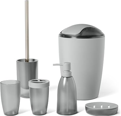 Ensemble d’Accessoires de Salle de Bain avec Porte-Brosse à Dents, Distributeur de Savon, Porte-Savon, Gobelet, Poubelle, Brosse pour WC et Support, Gris