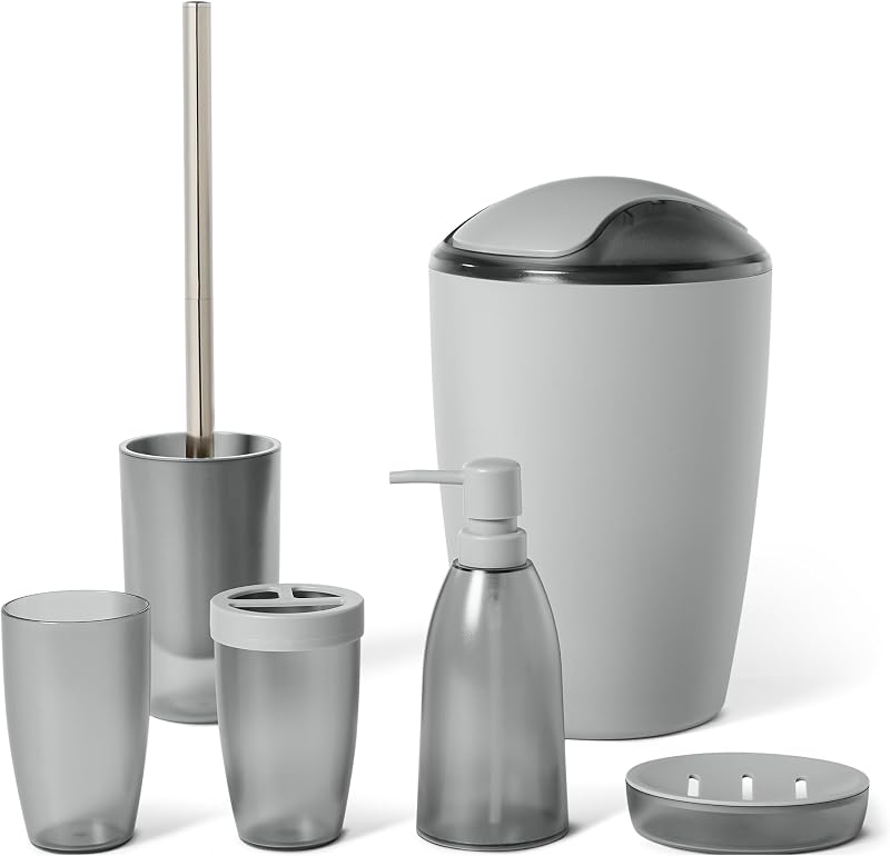 Juego de Accesorios de Baño con Soporte para Cepillos de Dientes, Dispensador de Jabón, Jabonera, Vaso, Papelera, Escobilla y Soporte, Gris