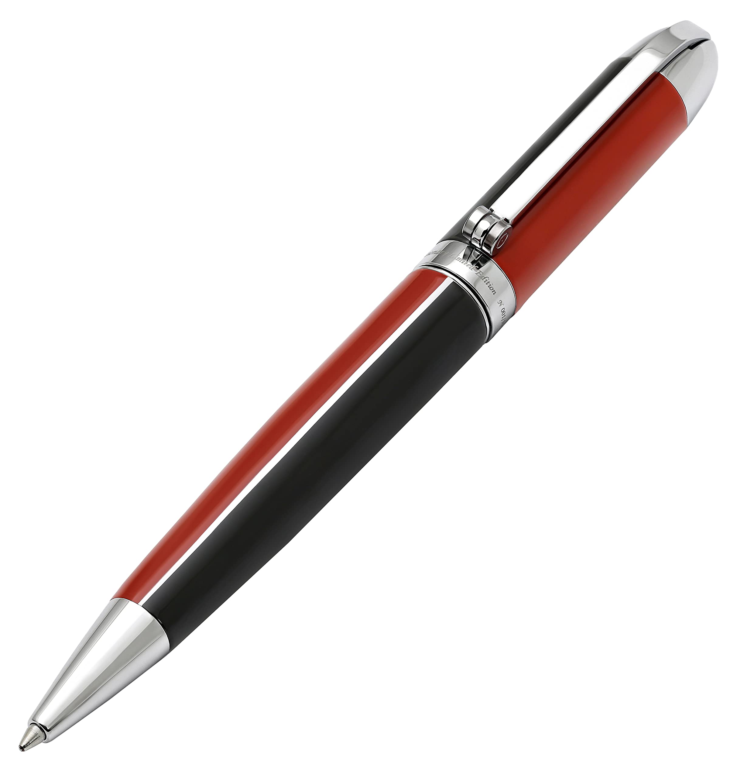 Xezo Visionary Brass and Aluminum Ballpoint Pen, Medium Point. Hand Lacquered in Red and Black Color. Numbered in Limited Edition of 500. Classic Art Deco Color Disposition, Retrofuturistic Body Style