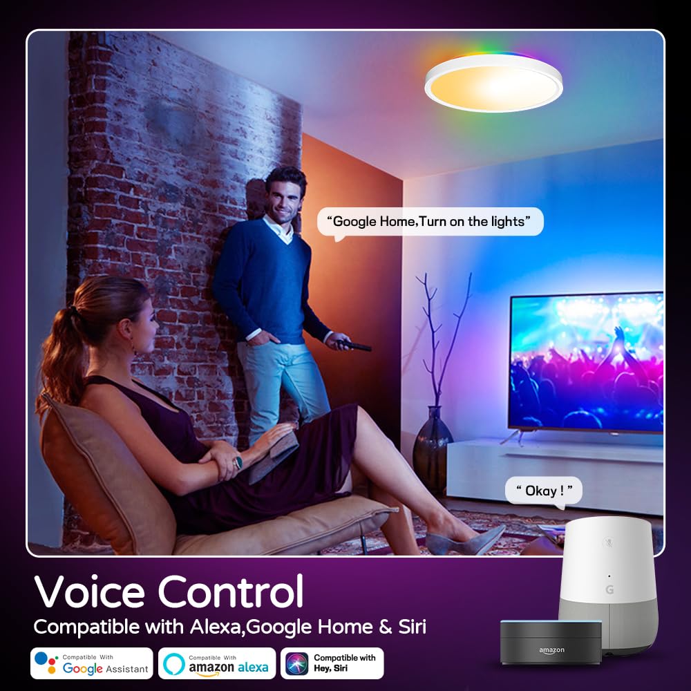 Digiray LED Smart Flush Mount Ceiling Light Fixture with Remote Control, 12 Inch 30W RGB Modern Ultra-Thin Round Close to Ceiling Light 2700K-6500K 3 Color for Bedroom Kitchen Living Room Hallway