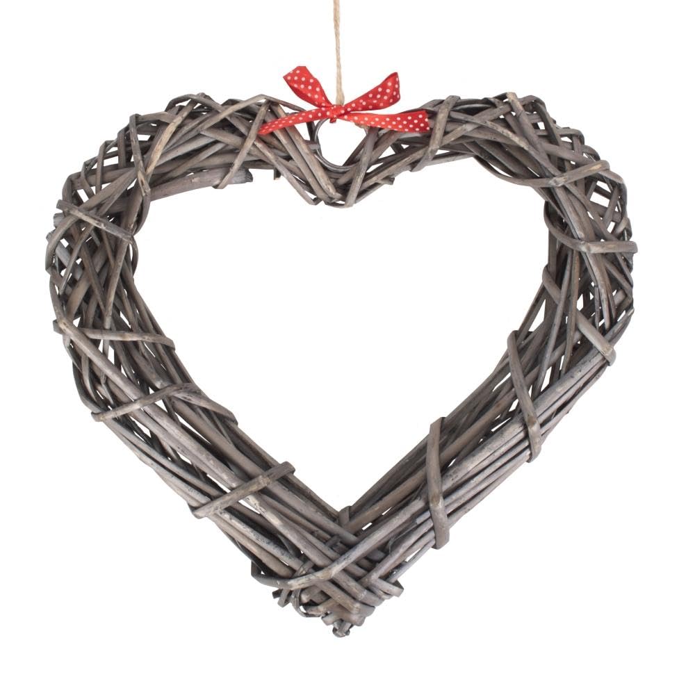Red Hamper Wicker Wide Heart Wreath with Red Spotty Ribbon, H28 x W6 x D30cm