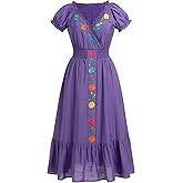 ABEHIK Women Mexican Dress Floral Embroidered Traditional Fiesta Dresses Summer V-Neck Short Sleeve Cinco De Mayo Outfits