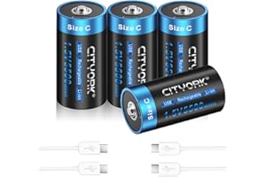 CITYORK 4 Pack 1.5V 5500mWh Type-C USB Rechargeable C Lithium Batteries, Constant Output Rechargeable C Cell Li-ion Batteries, Fast Charging (Include 4 Pcs USB Charging Cable)