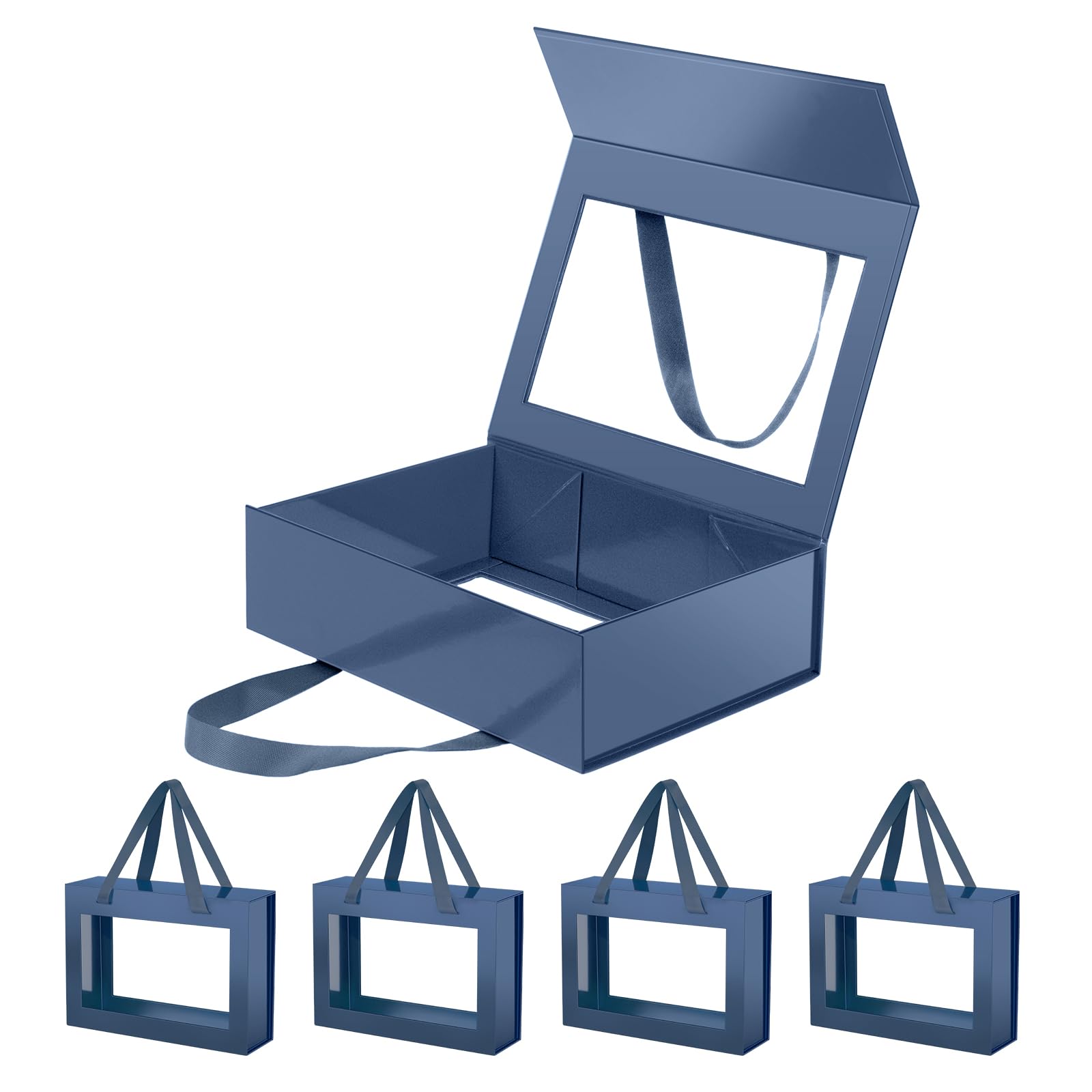 JINGUAN 5 Navy Blue Gift Boxes with Windows, Clear Magnetic Gift Boxes for Presents, Groomsman Proposal Boxes (11x8x3.2 Inches) Image
