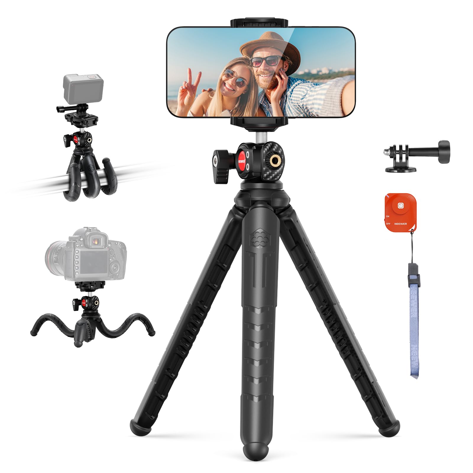 NEEWER Tripod for iPhone with Remote, Mini Flexible Phone Tripod Stand Vlog Selfie Stick with Phone Holder & Action Camera Adapter Compatible with iPhone GoPro Insta360 Samsung Digital Camera, TP35
