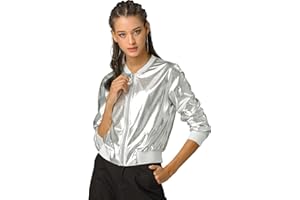 Allegra K Women's Bluson Long Sleeve Metallic Jacket Holographic Party Zip Hooded Jacket