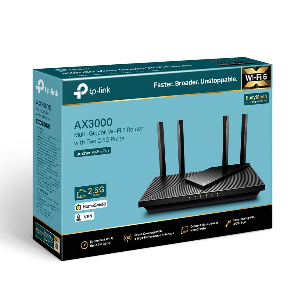 TP-Link Archer AX55 Pro Wi-Fi 6 WiFi Router Dual Band AX3000, 1×2.5Gbps Port + 4×Gigabit Port, USB 3.0, VPN, WPA3, OneMesh, Parental Control, HomeShield, No Support for DSL Function
