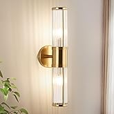 ECOBRT Modern Brushed Brass Vanity Light Fixture - Dual Glass Rods Wall Sconce for Bathroom, Double Light Socket E12 Candelab