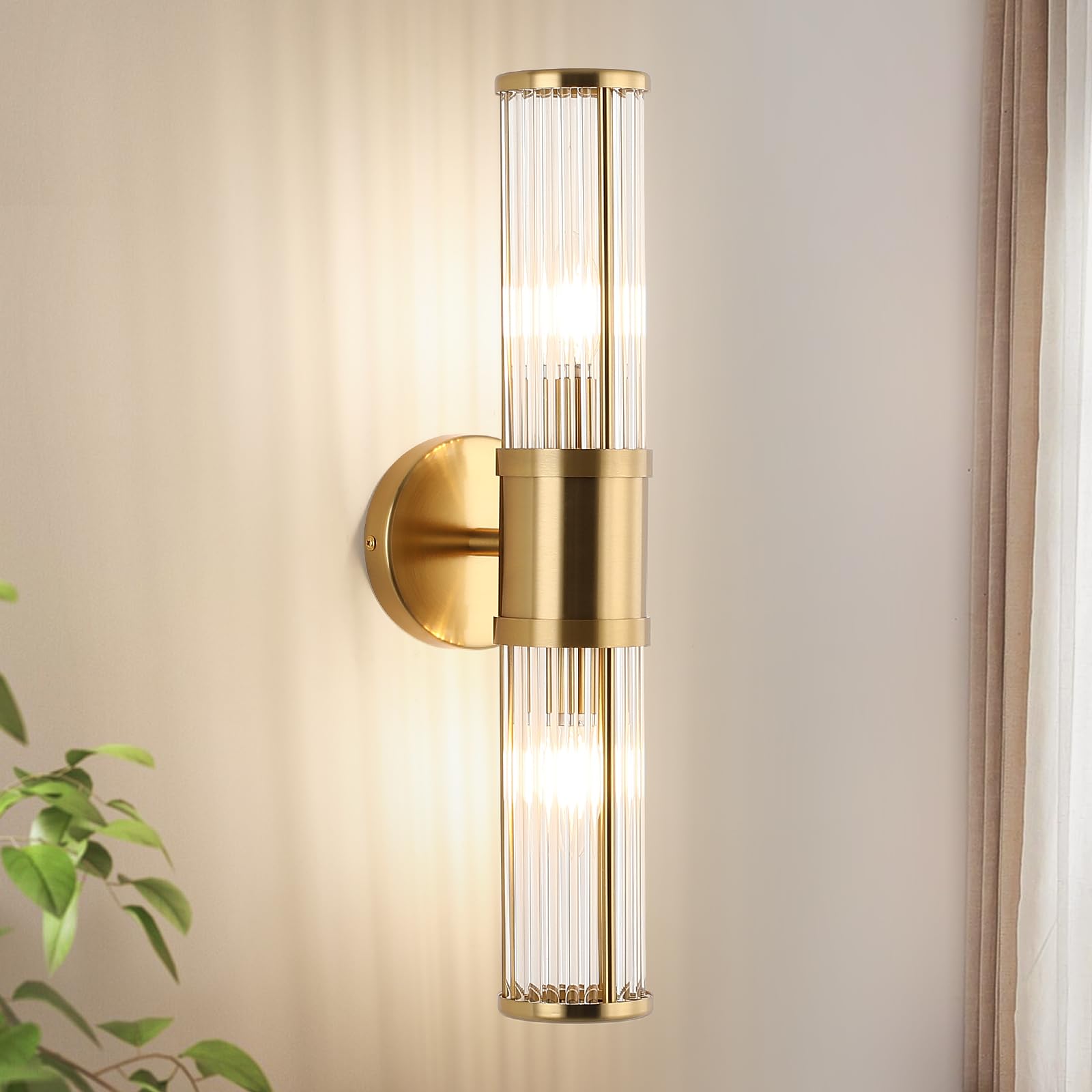 Photo 1 of ECOBRT Modern Brushed Brass Vanity Light Fixture - Dual Glass Rods Wall Sconce for Bathroom, Double Light Socket E12 Candelabra Base, Mirror Vanity Lighting (Bulbs Not Included)