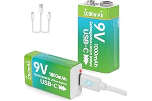 volkate Rechargeable 9V Batteries for Smoke Detector, 2 Pack 1000mAh 9 Volt Lithium 6F22 Square Battery with USB-C Charging C
