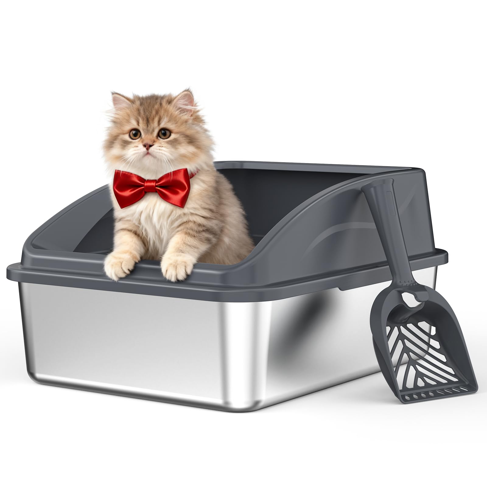 AIPERRO Stainless Steel Litter Box | Metal Kitty Litter Box with Lid High Sided for Small Cats or Injured Cats, Bunny Litter Boxes, Low Entry, Odor-Free, Non-Stick,Includes Scoop (Dark Gray, Small) Image