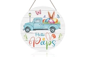 FWIEXA Easter Decoration Hello Peeps Wood Sign Plaque(12"x 12"), Happy Easter Truck with Easter Eggs Decor, Cute Bunny Easter Themed Wooden Hanging Sign for Front Door Yard Easter Gift
