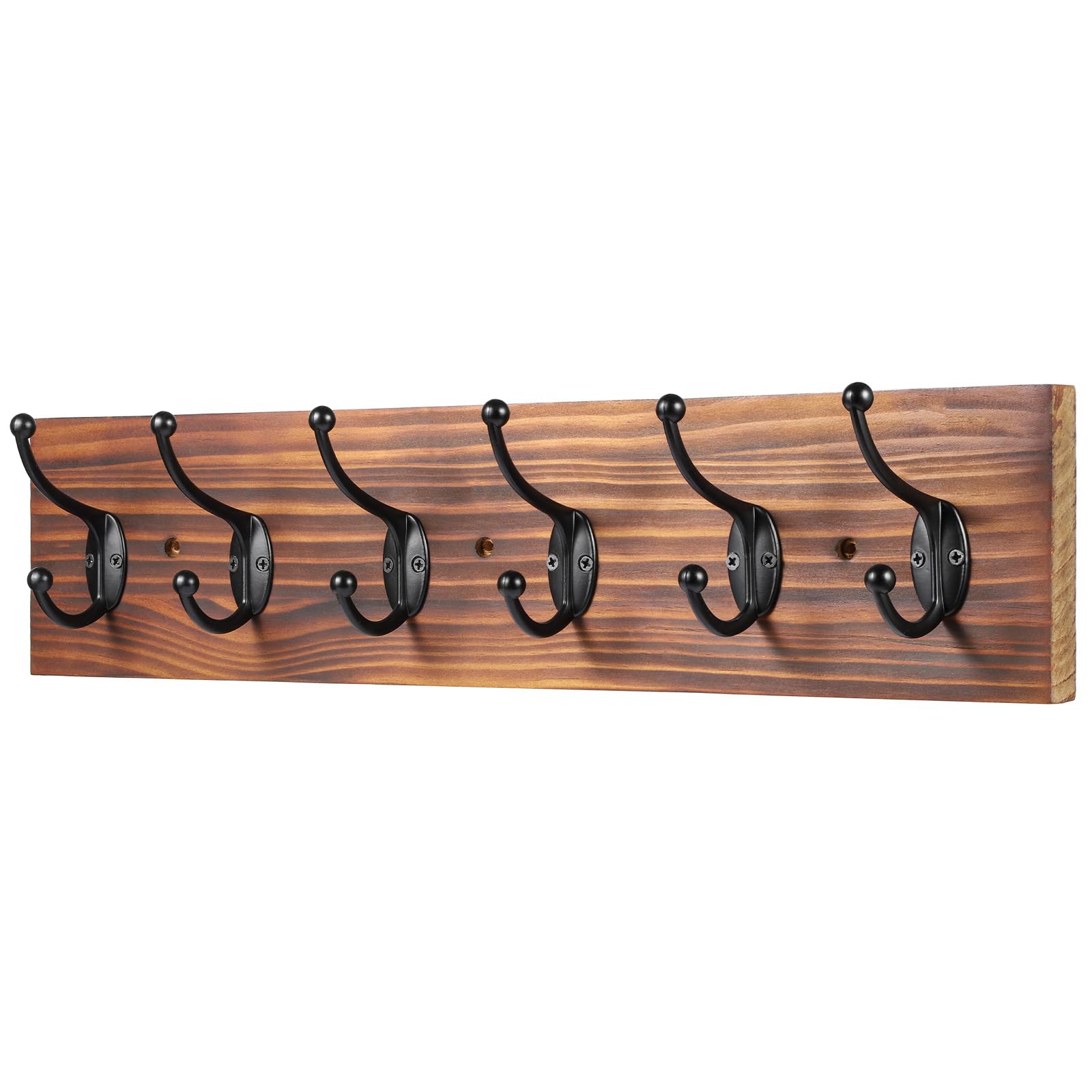 PHINGEER Wall Mounted Coat Rack,Vintage Wooden Coat Hooks for Wall,Heavy Duty 6 Dual Coat Hangers for Hanging, Jacket,Hat,Clothes,Brown (6 Hooks)