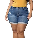 Sghenr Plus Size Women's Ripped Denim Jean Shorts High Waisted Stretchy Folded Hem Short Jeans