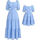AWIBMK Mommy and Me Dresses Square Neck Solid Color Ruffled Dress with Pockets Summer Cutout Waist Tiered Matching Outfits