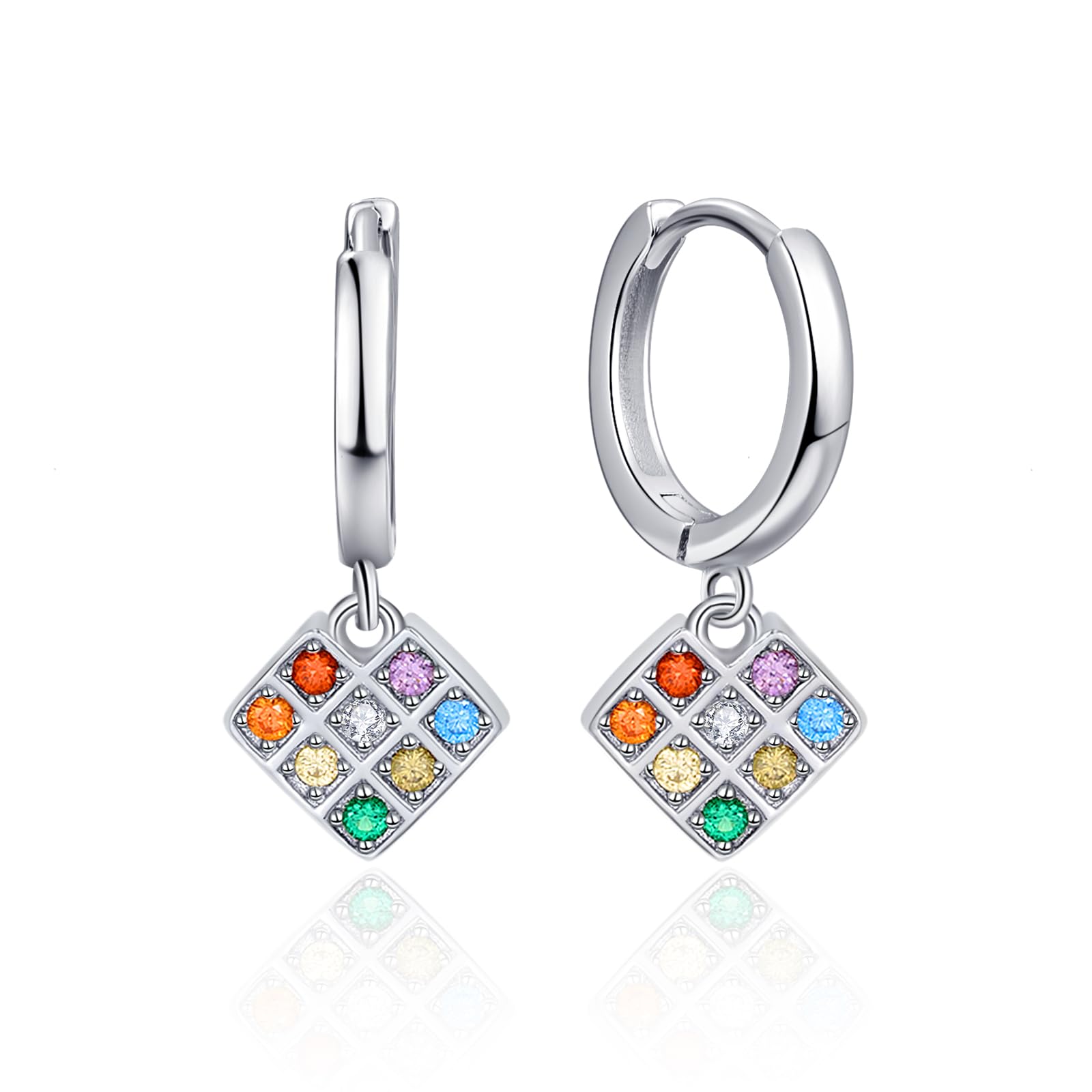 KINGWHYTE Heart Earrings 925 Sterling Silver Rainbow Heart Hoop Earrings with Multicolor Cube Dangle Earrings for Women Jewelry Gifts