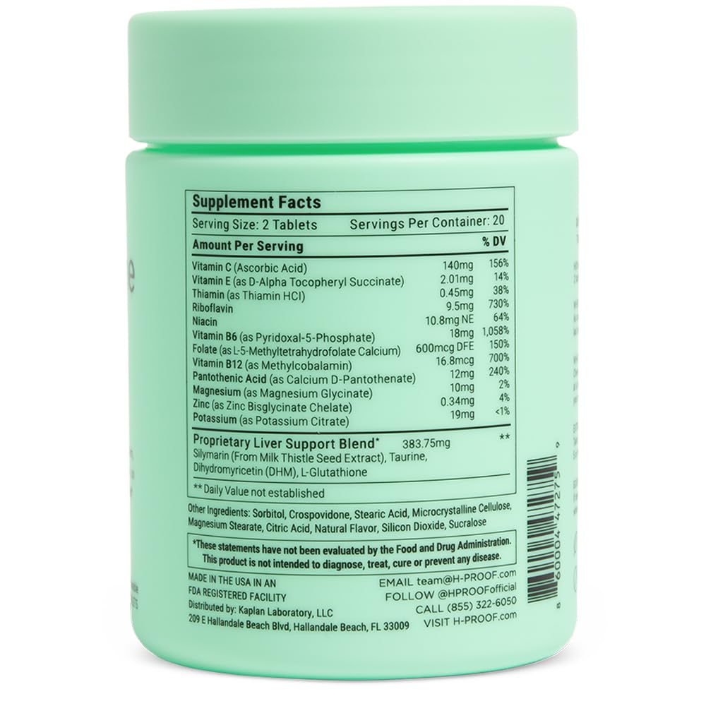 H-PROOF The Anytime You Drink Vitamin, Liver Health & Immunity Support with Electrolytes, Milk Thistle, and Vitamins B & C - 40 Chewable Tablets (20 Servings), Vegan, Black Cherry