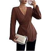 MakeMeChic Women's Wrap V Neck Blouse Lantern Sleeve Tie Back Business Dressy Shirt Tops