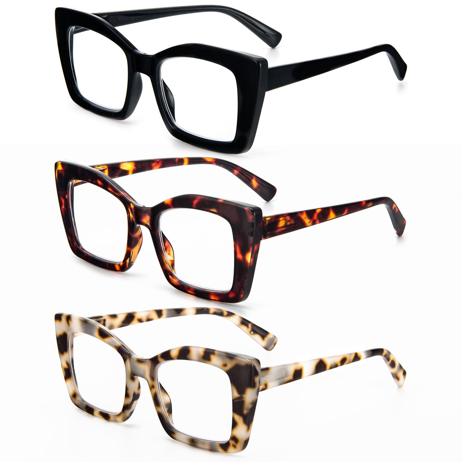MMOWW 3 Pack Oversized Reading Glasses for Women Square Frame Fashion Style Blue Light Blocking Readers (Black+Brown Tortoiseshell+Tea Tortoiseshell, +1.5)