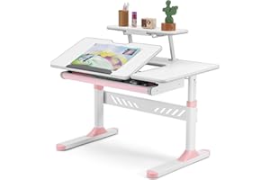 COSVALVE Adjustable Kids Desk with Drawer, 39" Wide Multifunction Ergonomic Study Table with Shelf, Tilt Desktop, Height Adjust for Home or School Use, for Girls (Pink)
