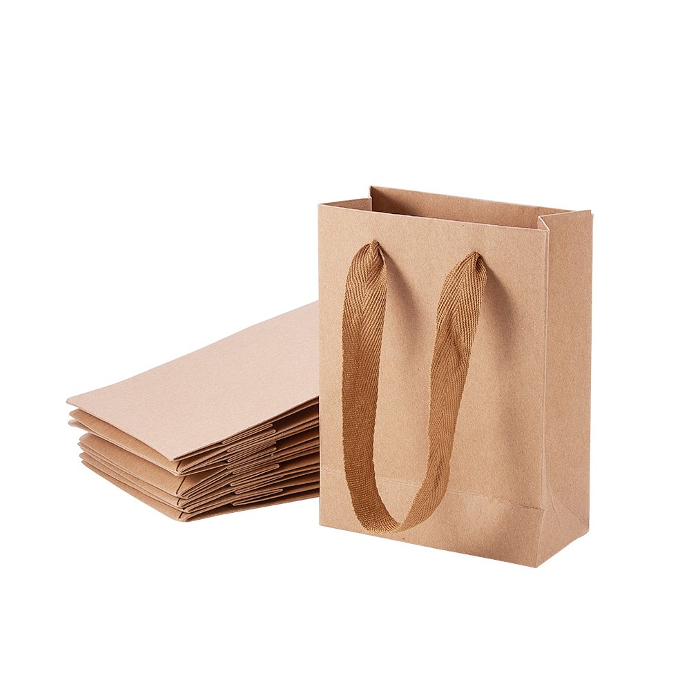 NBEADS 10 Pcs Small Kraft Brown Paper Bag Treat Candy Gift Bag Carrier Bags with Handles for Birthday, Wedding, Christmas and Party Celebrations, 16x12x5.7cm