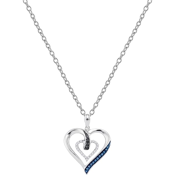 Collier Ancien Coeur Diamants Noirs Et Blancs Sur Argent Massif - Long Mi-long - État Très Bon