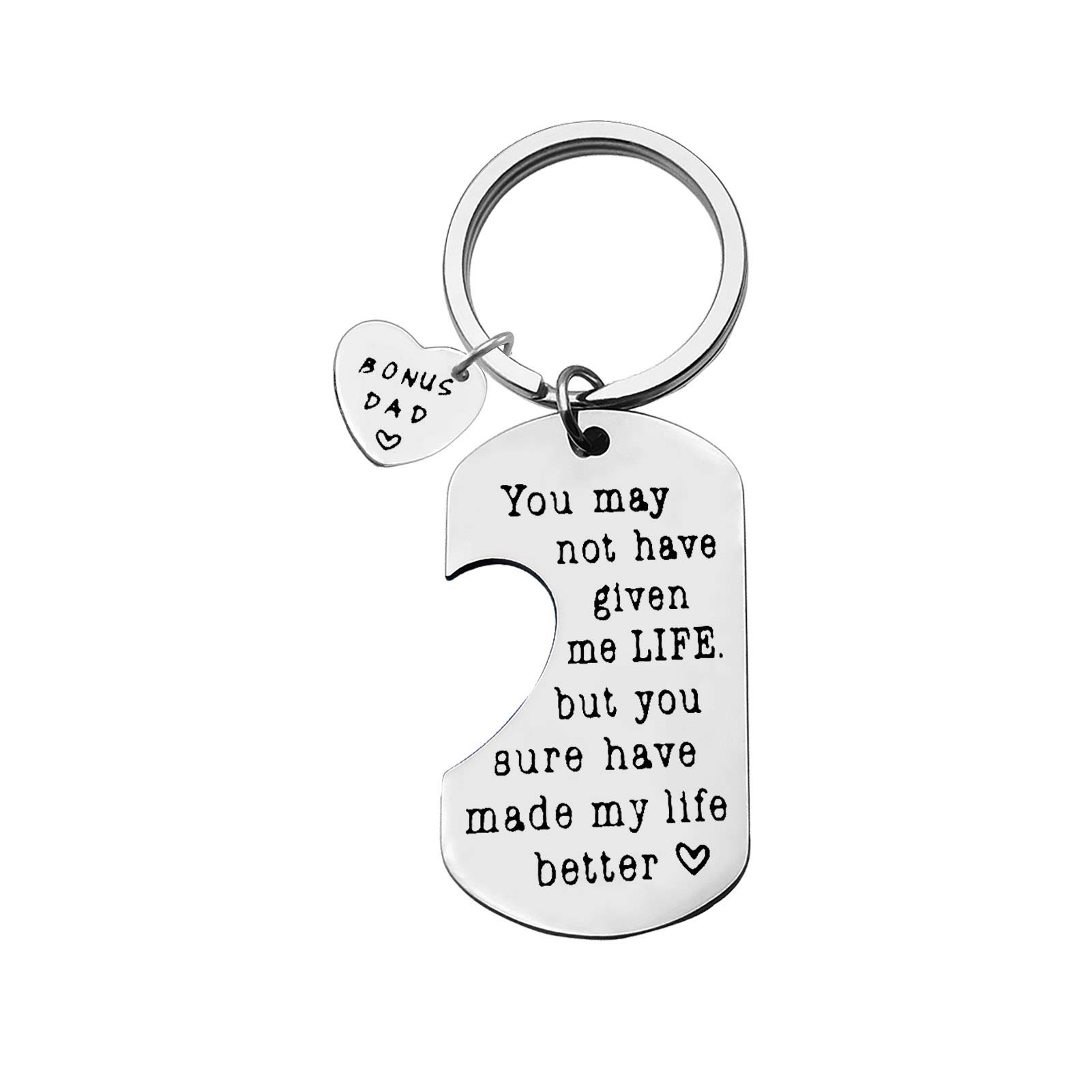 Baixian Step Dad Keyring - Dad Gift from Daughter Son - 'You May Not Have Given Me Life But You Sure Have Made My Life Better' - Silver Heart Keychain - Father's Day, Birthday for Stepdad