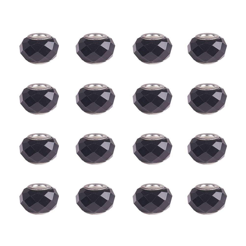 NBEADS 100 Pcs Handmade Black European Glass Beads Spacers with Large Hole Silver Color Brass Core, 14mm In Diameter, 8mm Thick, Hole: 5mm