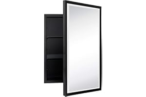 TEHOME Black Metal Framed Recessed Bathroom Medicine Cabinet with Mirror Rectangle Beveled Vanity Mirrors for Wall 16 x 24 inches