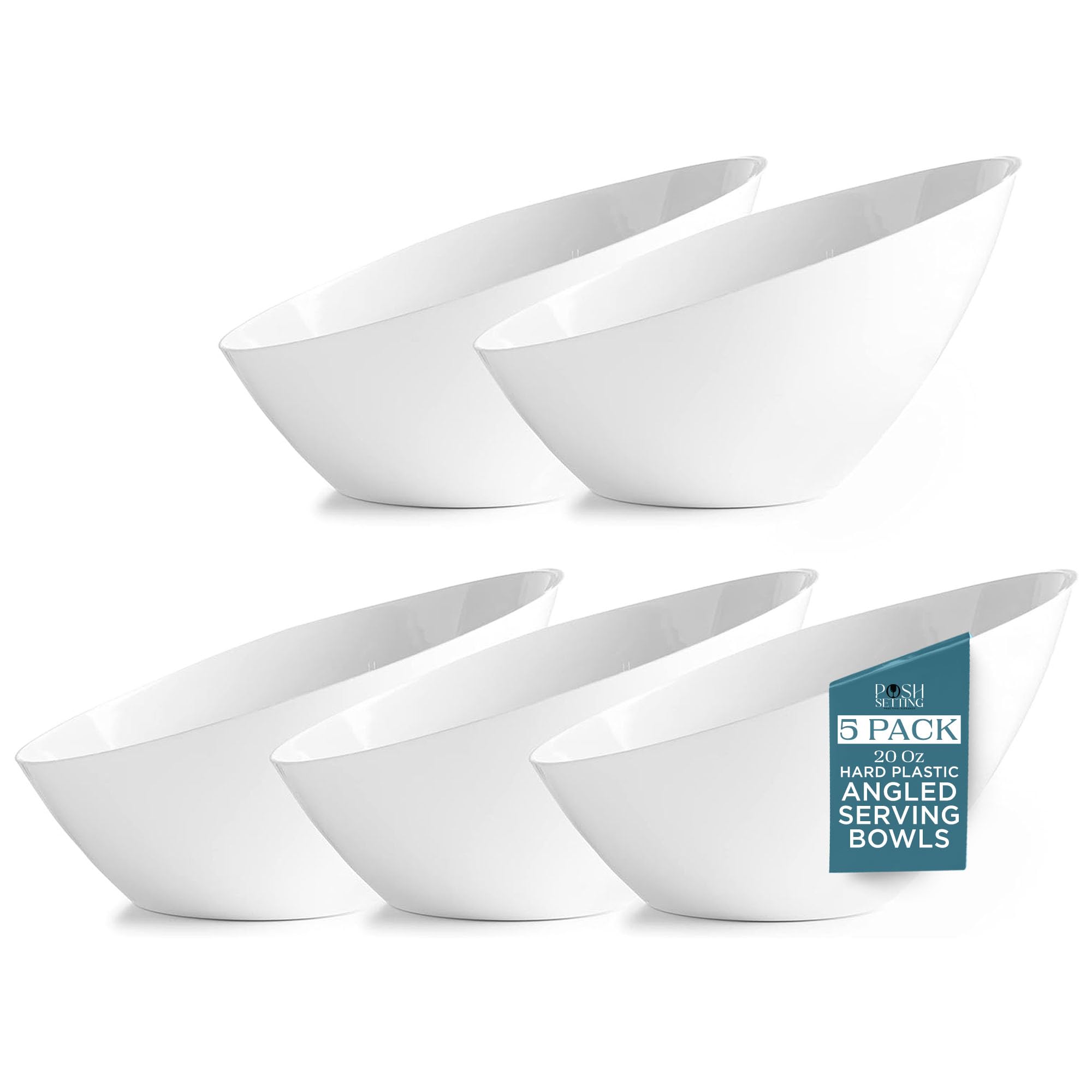 Photo 1 of Posh Setting - White Plastic Serving Bowls for Party Angled Bowls Disposable Chip Bowls Candy Bowls for Party Table Salad and Fruit Bowls for Party Wedding Serving Bowls-White, 20 OZ, 5 Pack