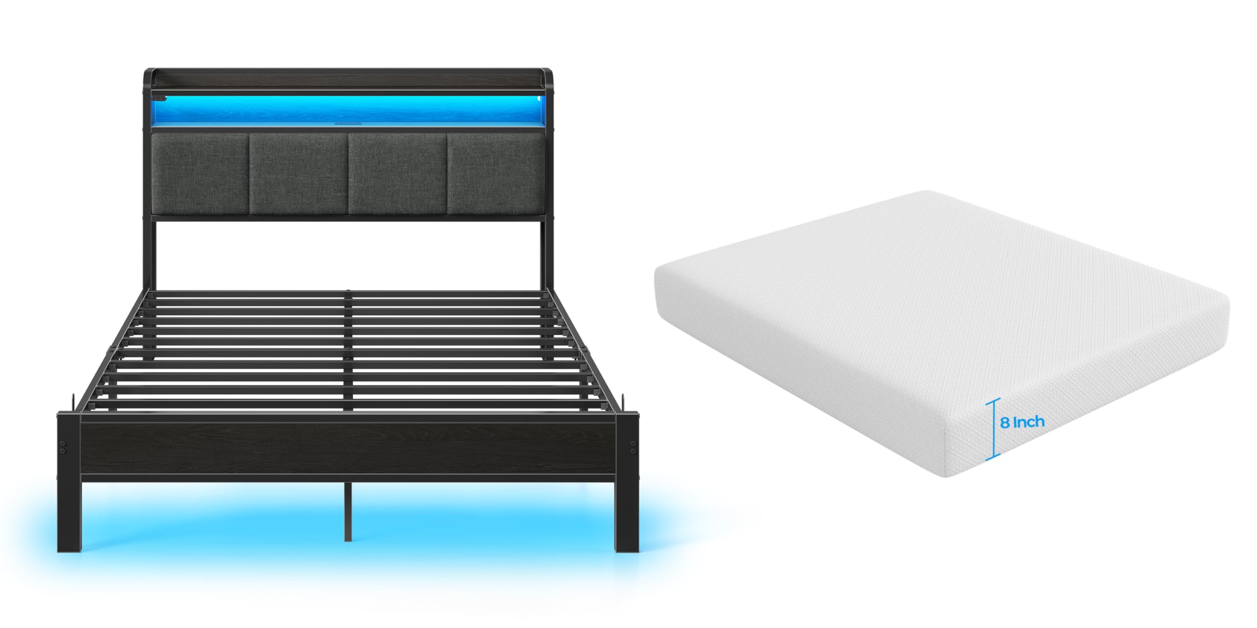 Rolanstar Bed Frame Full Size with Charging Station, LED Bed Frame with Storage Headboard, Grey - 8 Inch Gel Memory Foam Mattress, Gel Infused, Fiberglass Free, Medium Firm Mattresses Image